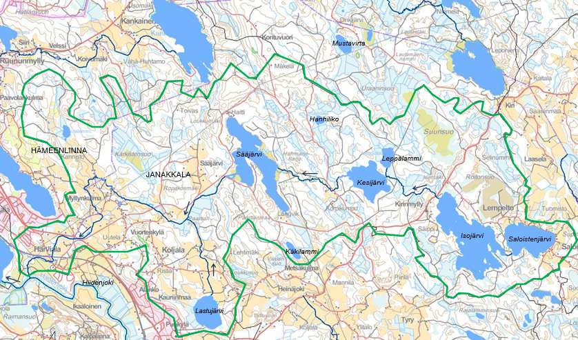 Kuva 8.Suunnittelualueelle sijoittuvat pohjavesialueet (Paikkatietokkuna) Vesistön ominaispiirteet Suunnittelualue kuuluu Kokemäenjoen päävesistöalueeseen ja se on osa Vanajaveden reittivesistöä.