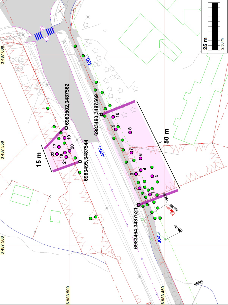 KKJ koordinaatit Löytökoekuopat sinipunainen pallo ja kuoppanumero, löydöttömät koekuopat vihreä pallo.