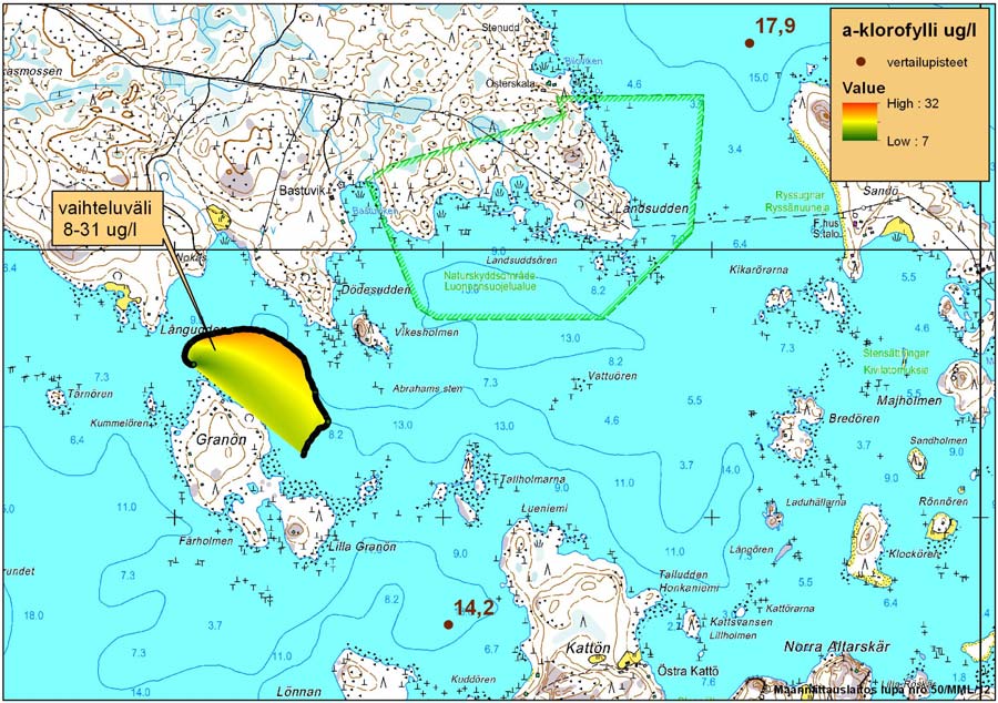 Kuva 20. Pintaveden klorofyllipitoisuus (µg/l) Granbergin laitoksen ympärillä sekä kahdella vertailupisteellä syyskuussa 2011.