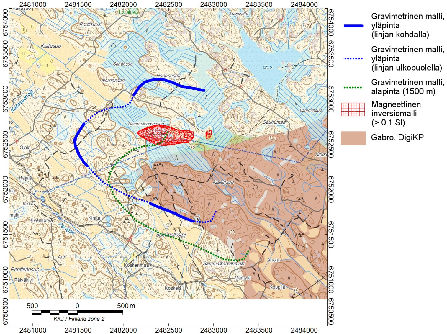 GEOLOGIAN TUTKIMUSKESKUS 62/2016 13 Kuva 12. Gravimetrisen mallin ja magneettisen inversiomallista leikatun kappaleen k>0.1 SI dimensiot pohjakartalla.