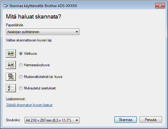 Skannaaminen tietokoneesta WIA-ohjainasetukset 3 1 3 2 1 Paperilähde Voit valita vain Asiakirjan syöttäminen -vaihtoehdon.