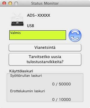 Säännöllinen kunnossapito 3 Osoita Tilan valvonnan avulla -painiketta. Tilanvalvontaikkuna tulee näyttöön. 6 (ADS-1600W) 1 Paina (Asetukset). 2 Paina a tai b, jotta Laitetiedot tulee näyttöön.