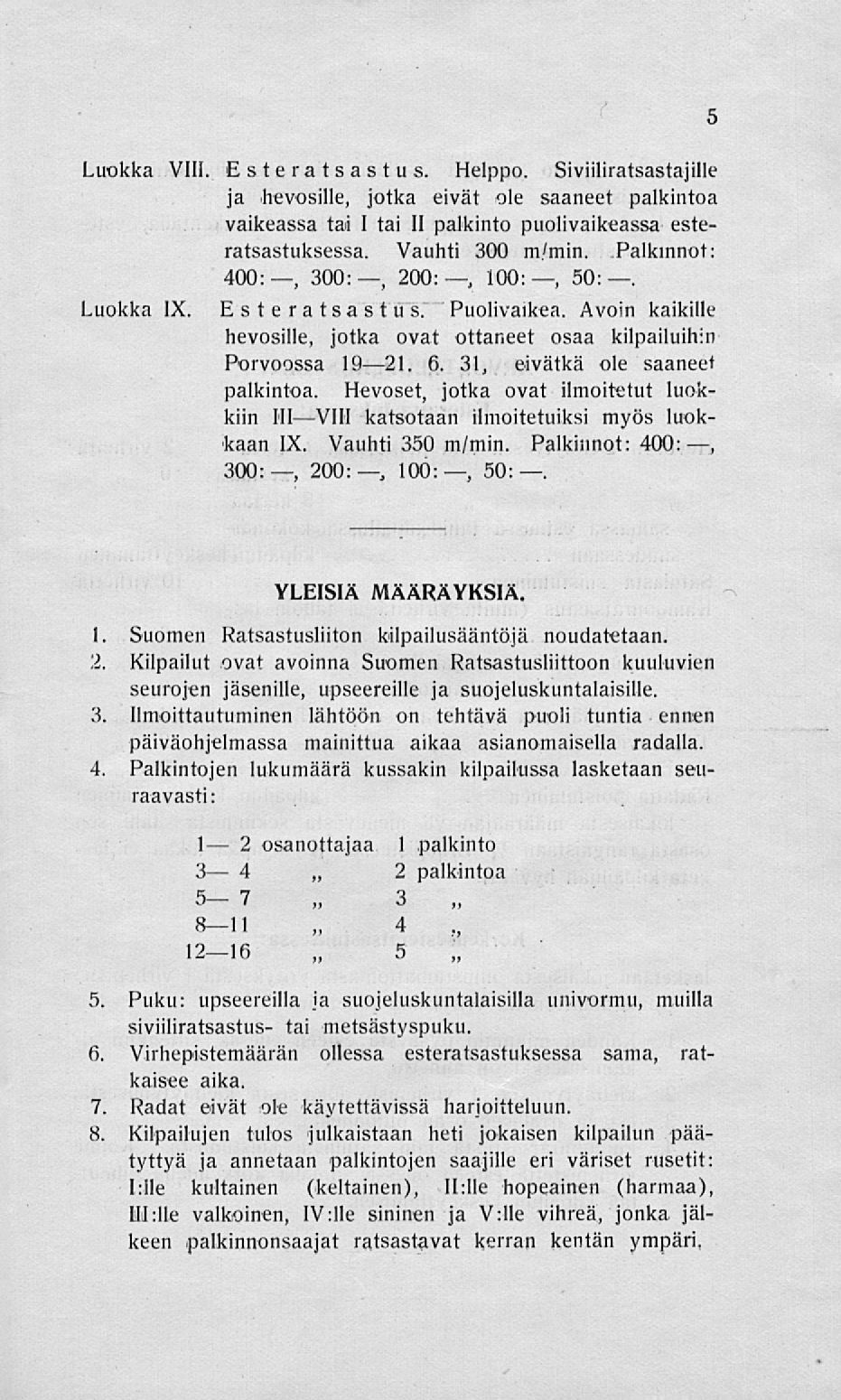 Luokka VIII. Esteratsastus. Helppo. Siviiliratsastajille ja hevosille, jotka eivät ole saaneet palkintoa vaikeassa tai I tai II palkinto puolivaikeassa esteratsastuksessa. Vauhti 300 m'min.