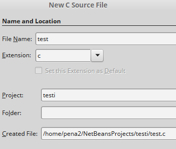 New File-ikkuna aukeaa. Valitse C ja C Source File Next> Seuraava ikkuna New C Source File aukeaa. Ohjelman nimi Tänne tallentuu koodi Anna koodille nimi, vaikka test, c-tarkennin on jo valmiina.
