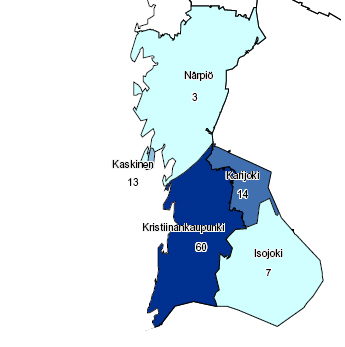 26 Kuvat 12 19: Ostovoimasiirtymät (%) Pohjanmaalla. Vasemmanpuoleisissa kuvissa on esitetty päivittäistavarakaupan vaikutusalue ja oikeanpuoleisissa erikoiskaupan vaikutusalue.