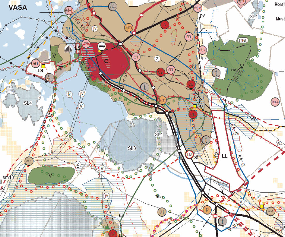 53 Keskustatoimintojen alueita (C, c, ca) koskevat muutokset Vaasan seudulla Kuva 48: Ote Pohjanmaan maakuntakaavasta. Vaasan laatukäytävä osoitettu sinisellä viivalla (kk-5).