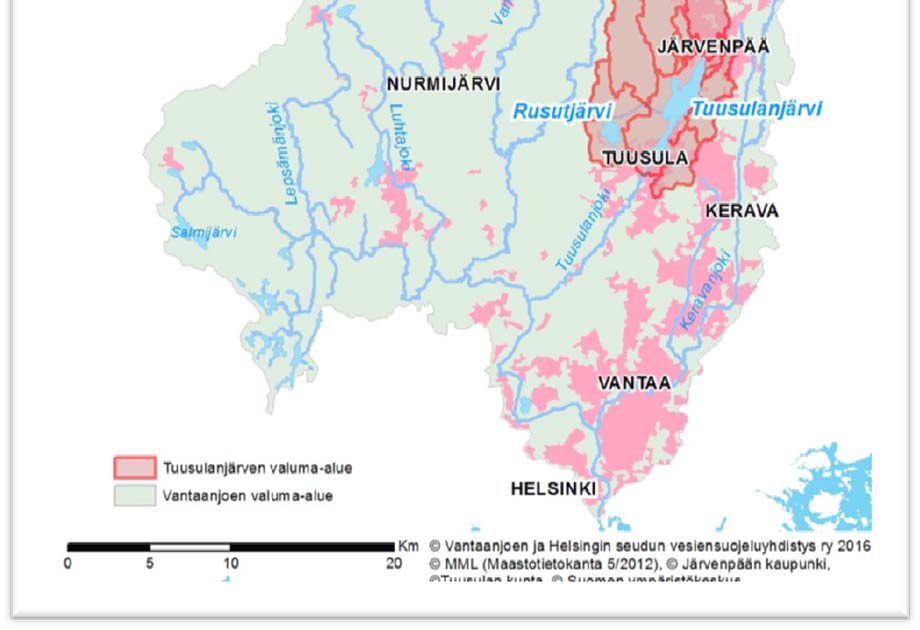 1 Tuusulanjärven valuma alue Tuusulanjärvi kuuluu Vantaanjoen valuma alueeseen (kuva 1). Tämän Uudenmaan maakuntajärven pinta ala on 5,9 km 2.