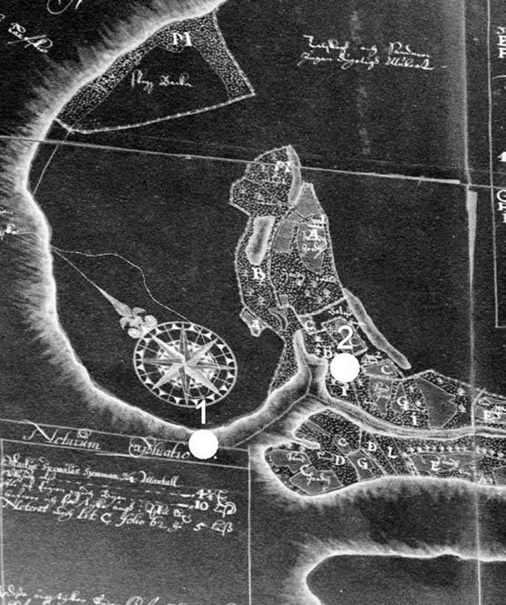 Kuva 4. Iin Illinsaaren löytöpaikat geo-referoituna Claes Clessonin vuoden 1648 karttaan. 1 = kohde Illinsaari 2, 2 = kohde Illinsaari.