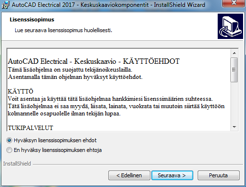 Asennus AutoCAD Electrical 2017 -ohjelmisto täytyy olla asennettuna ennen päivityksen asennusta. Päivitys asennetaan tämän jälkeen työasemalle käyttäjän omilla tunnuksilla.