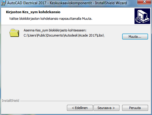 Blokkikirjasto Kes_sym Huom! Blokkikirjasto Kes_sym asennetaan oletuksena työpöydälle. Valitse Muuta -painikkeen kautta kansio minne blokkikirjasto asennetaan.