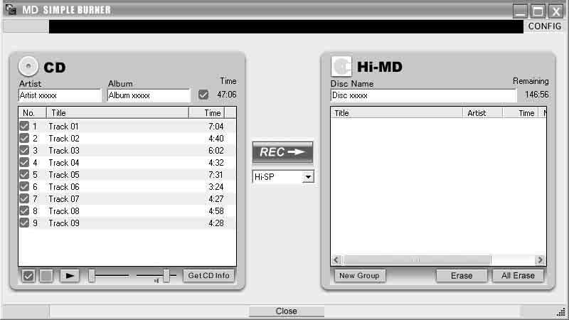 Ääni-CD-levyn valittujen raitojen tallennusikkuna [CONFIG] Tätä napsauttamalla voit Raidan tiedot (CD) - valita CD-ROM-aseman - tarkastaa MD Simple Burner -ohjelmiston versiotiedot - vahvistaa