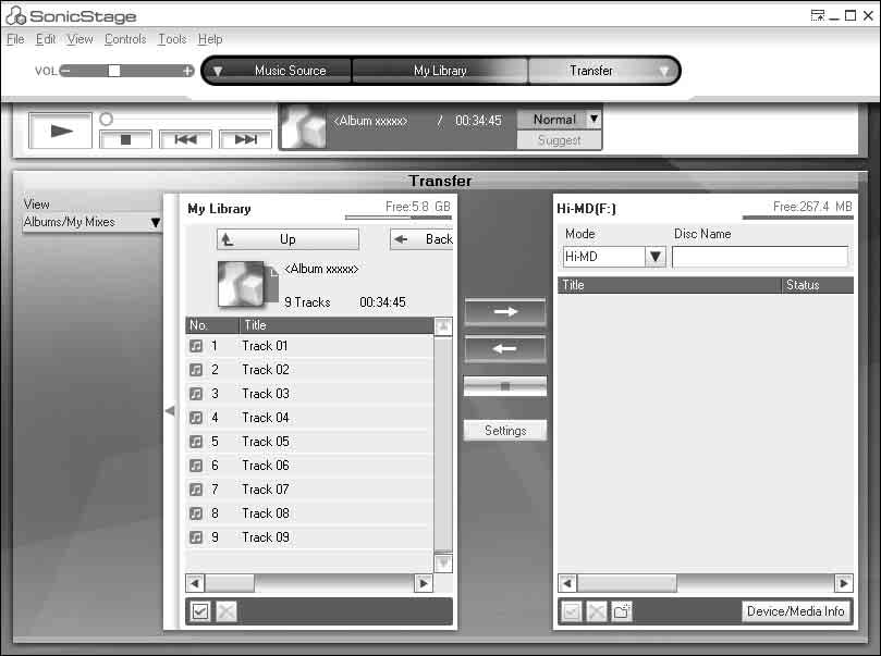 Äänidatan siirtäminen tietokoneesta MD Walkman - laitteeseen SonicStage-ohjelmiston My Library -kirjastoon tallennettu äänidata voidaan siirtää MD Walkman -laitteeseen rajattoman monta kertaa.