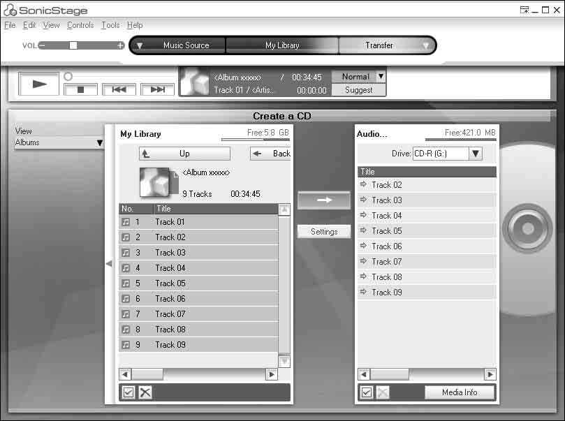 Äänidatan tallentaminen CD-R- tai CD-RW-levylle Voit tallentaa raitoja CD-R- tai CD-RW-levylle SonicStage-ohjelmiston My Library - kansiossa.