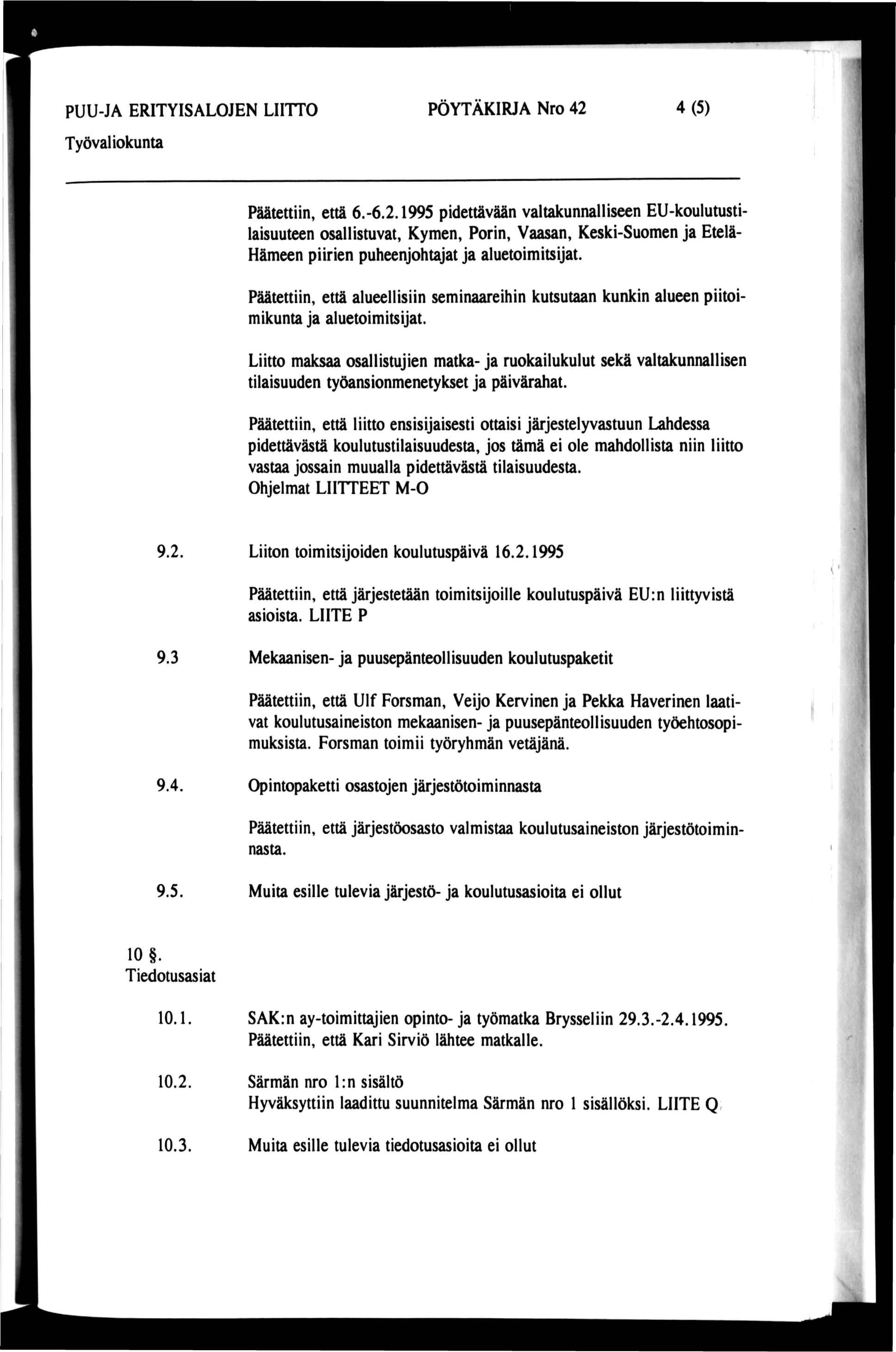 PUU-JA ERITYISALOJEN LIITTO POYTAKIRJA Nro 42 