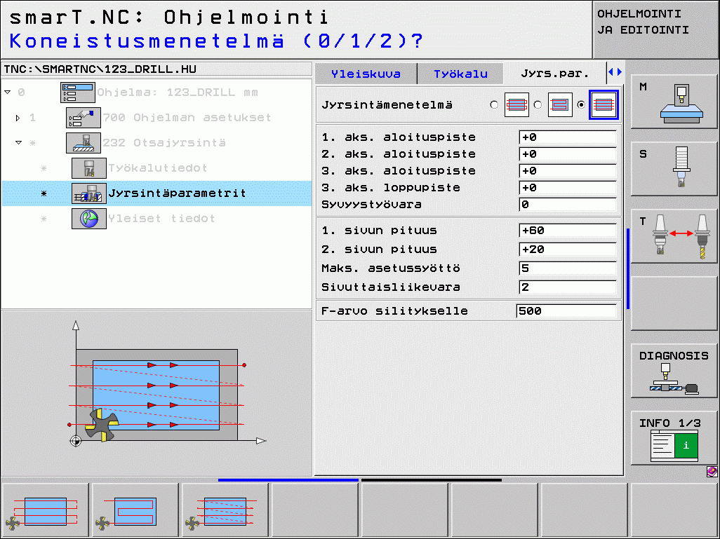 Lisäparametrit detaljilomakkeessa Tool: Koneistusten määrittely DL: Työkalun T delta-pituus DR: Työkalun T delta-säde DR2: Työkalun T delta-säde 2 (nurkan säde) M-toiminto: Mitkä tahansa