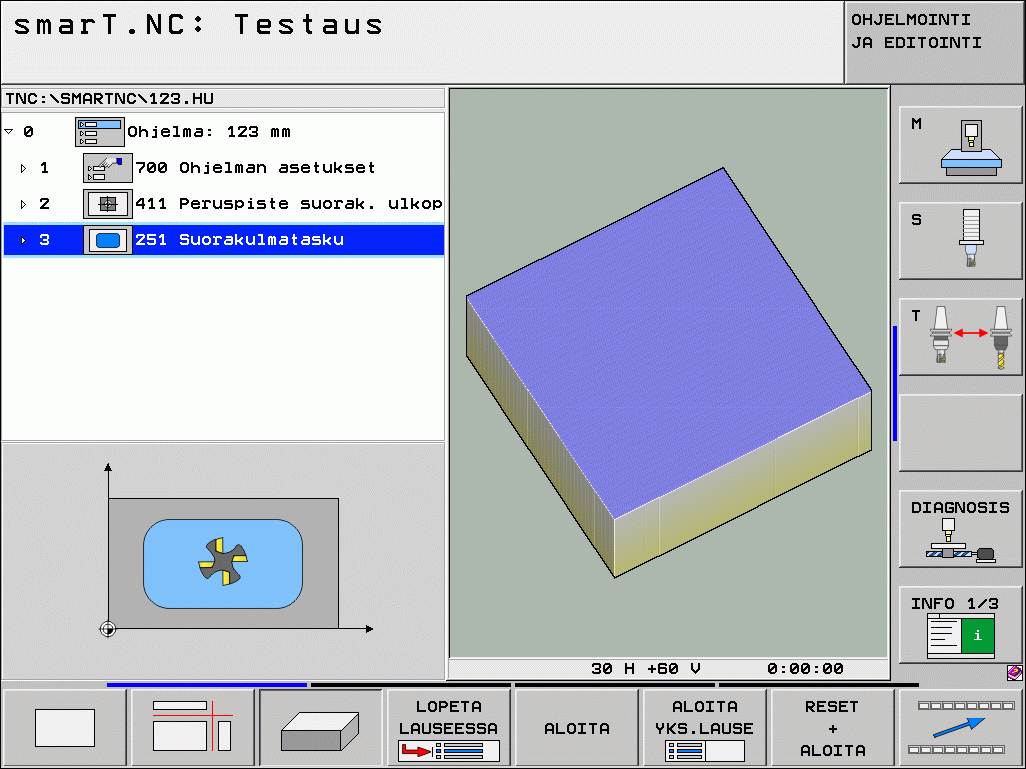 Testausgrafiikka ja ohjelmankulkugrafiikka Näytönositus GRAFIIKKA tai OHJELMA+GRAFIIKKA! TNC voi esittää koneistuksen graafisesti alakäyttötavoilla Testaus ja Toteutus.