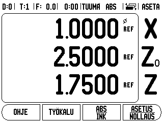 II 1 Järjestelmän asetus Näytön konfiguraatio NÄYTÖN KOKOONPANO lomakkeessa käyttäjä määrittää, mitkä akselit näytetään ja missä järjestyksessä.