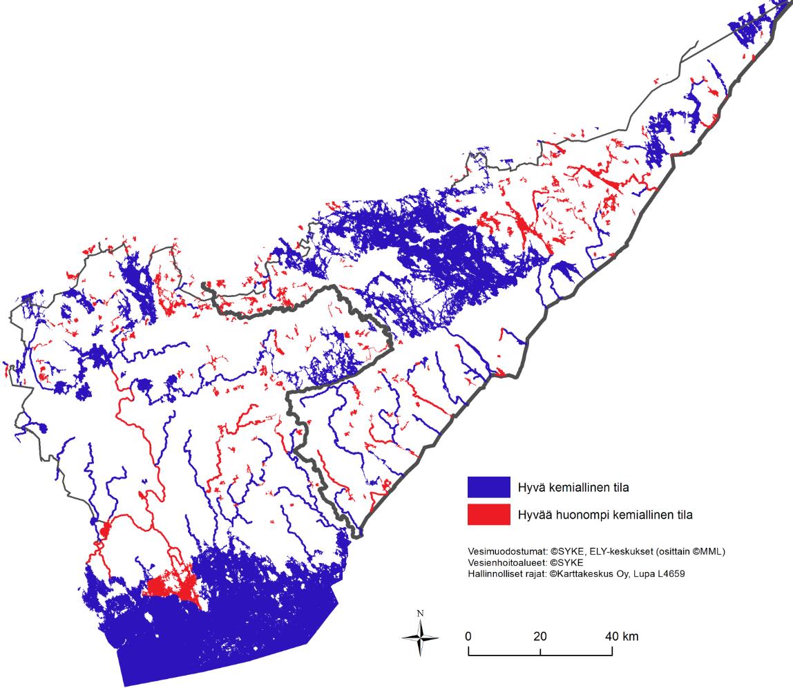 Pintavesien kemiallinen tila - Hyvää huonompi yli puolella vesimuodostumista (Ahvenen Hg) Mitatut ylitykset Hiitolanjoki Loituma Torsa Sarajärvi Änikkä Nauksenjärvi Haapavesi Alajoki-