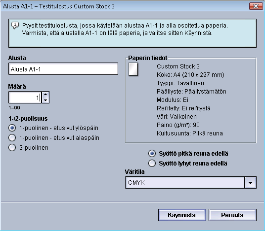 Testitulostusasetus 6. Valitse haluamasi testitulostusasetukset, määrä mukaan lukien, ja valitse Käynnistä. Ota valmiit tulosteet koneen luovutusalueelta. 7. Arvioi tulosteet.