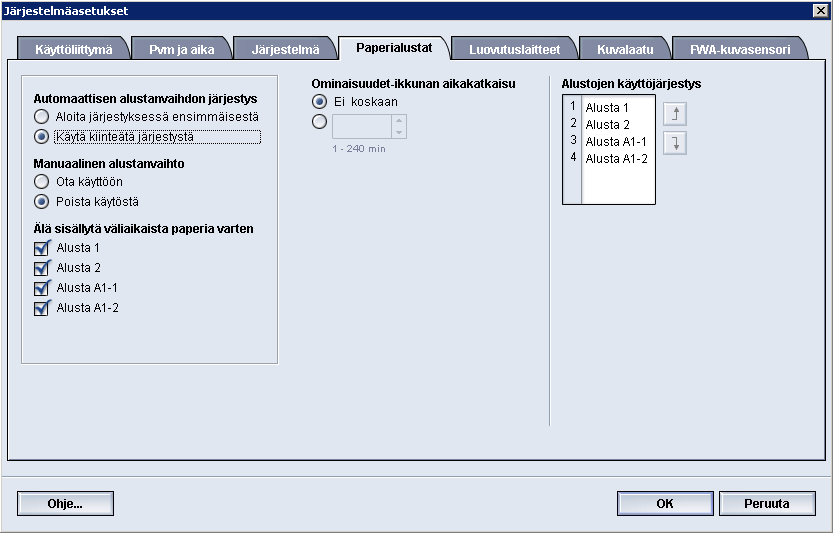 Järjestelmäasetukset Paperialustat Tällä toiminnolla voidaan vaihtaa seuraavien ominaisuuksien oletusasetuksia: Autom.