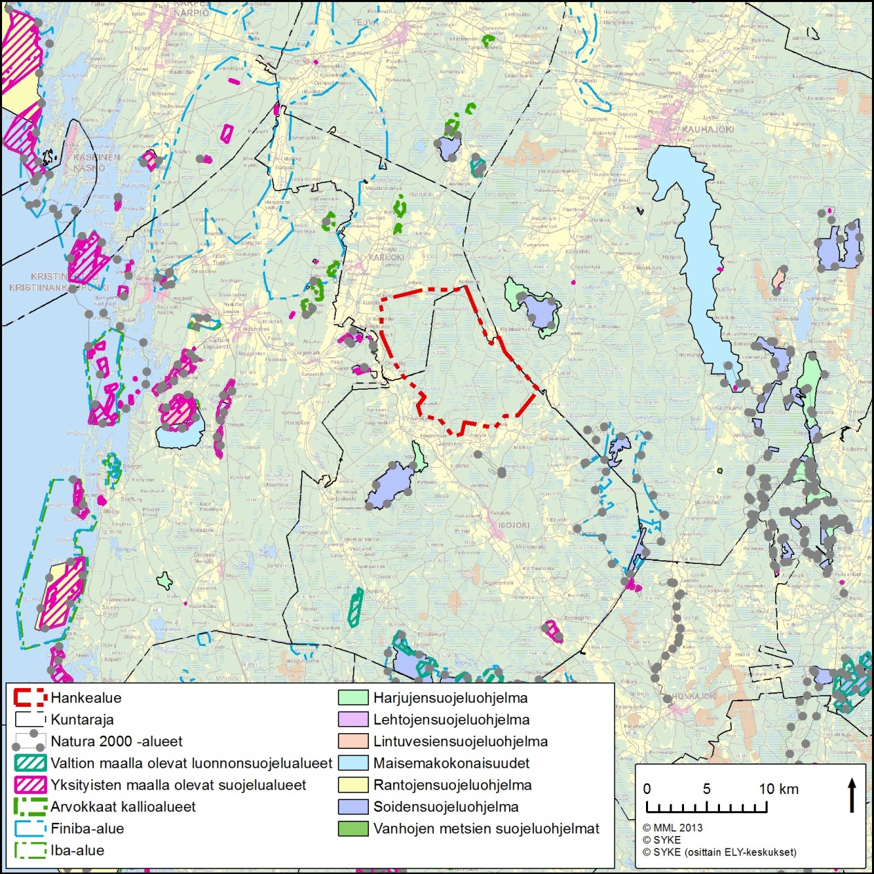 OX2 Wind Finland Oy 6.3.2015 91 (125) Kuva 42. Hankealueesta 20 km:n sisällä olevat luonnonsuojelualueet ja luonnonsuojeluohjelman kohteet. Hankealueen rajaus on merkitty punaisella katkoviivalla.