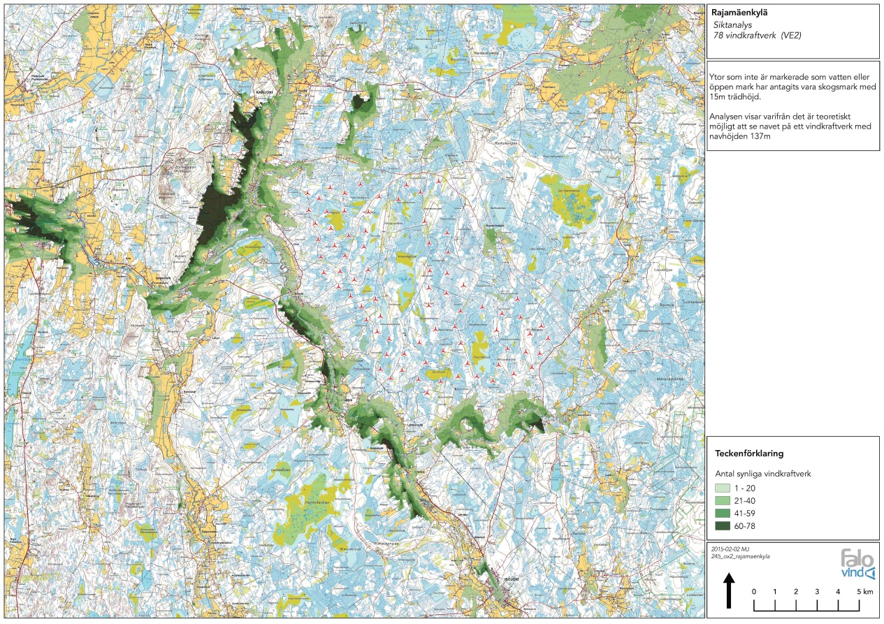 OX2 Wind Finland Oy 6.3.2015 73 (125) Kuva 32. Näkyvyysalueanalyysi vaihtoehdon 2 napakorkeuden (137 m) mukaan.