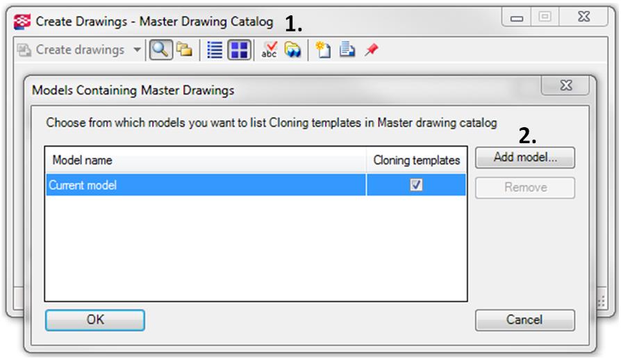33 taan. Kloonimalli voidaan hakea taulukkoon valitsemalla Add model (2.) ja hakea oikea mallikansio. [30, s. 91 94.] Kuva 18. Kloonipohjien haku toisesta mallista.