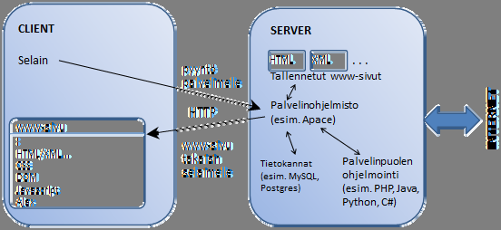 Internet o verkkojen verkko o Infrastruktuuri World wide webille Käyttäjän kannalta ajateltuna o palvelimet (servers), joissa toimii palvelinohjelmisto o asiakastietokoneet (clients), joissa