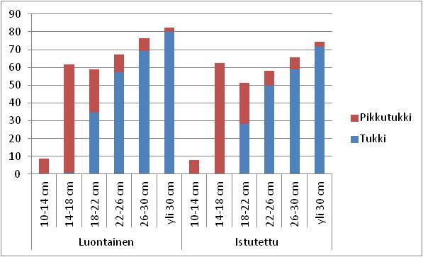 Kuusitukkipuiden tukkiprosentti ja tukki- ja