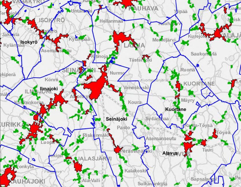 34 Asutuksen sijoittuminen taajamissa ja kylissä 2012 Taajamissa asuvien osuudet % 1990 2000 2012 Alavus 49,7 53,3 57,9 Ilmajoki 76,8 80,7 85,1 Isokyrö 54,9 64,5 68,0 Kuortane 29,6 37,8 40,4