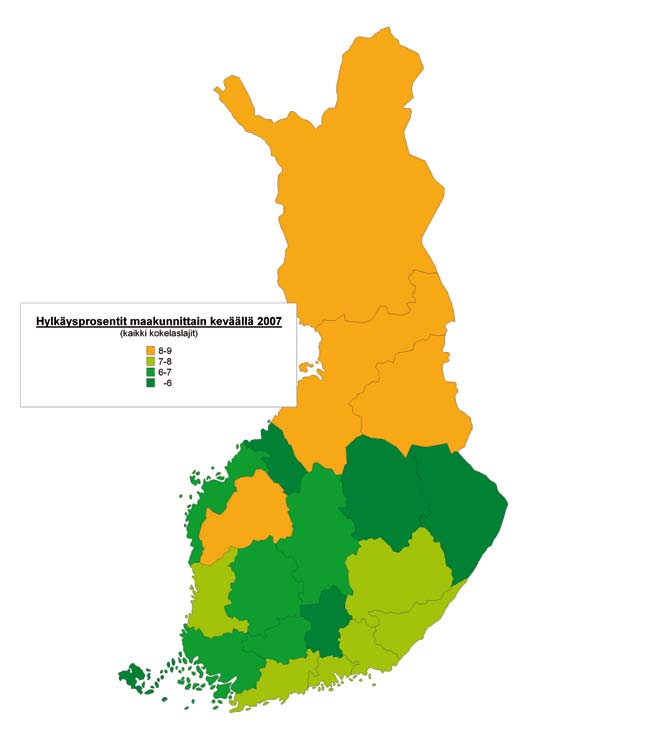 Ylioppilastutkinto 2007 31 KUVIO 3.1.2 Hylkäysprosentit maakunnittain kevään 2007 ylioppilastutkinnossa.