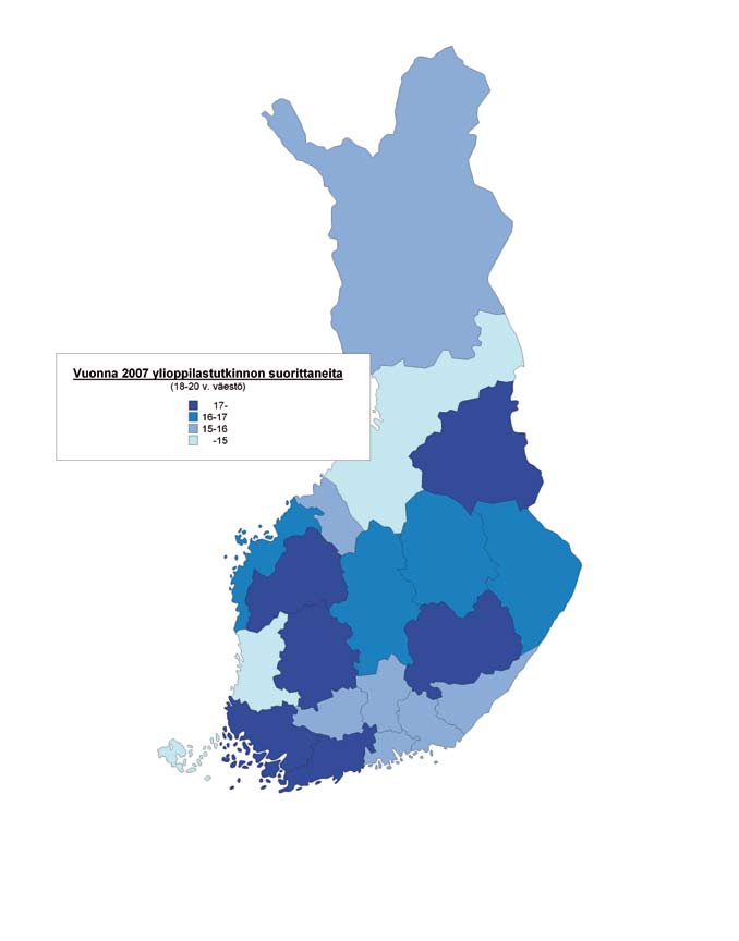 Ylioppilastutkinto 2007 37 KUVIO 3.1.5 Vuonna 2007 ylioppilastutkinnon suorittaneiden osuus 18 20-vuotiaasta väestöstä maakunnittain.