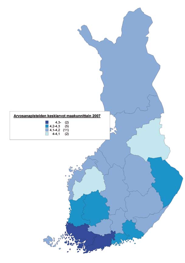 Ylioppilastutkinto 2007 55 KUVIO 3.2.4 Arvosanapisteiden keskiarvot maakunnittain vuonna 2007. Maakuntatasolla arvosanapisteiden keskiarvojen erot ovat hyvin pieniä.