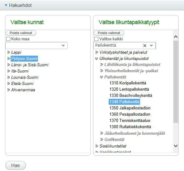 liikuntapaikkatyypin hakumahdollisuus pikahakuna. Klikkaa tämän jälkeen hiirellä haluamasi liikuntapaikkatyyppi/-tyypit oikealla olevasta luettelosta.