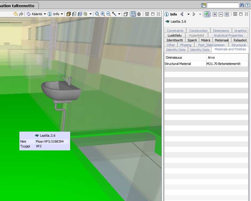 39 (52) Kuva 7 Esimerkkikuva lattian pinnoitustiedoista KYS:in Rakennus 13 tietomallista (Solibri model viewer) Kuvassa 6. on esimerkki tietomallin tilaobjektista.