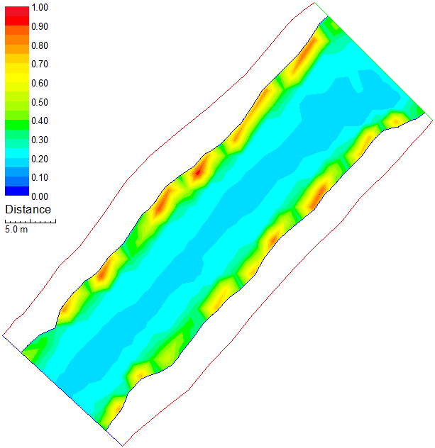 Kuva 8. Kuva 8. Jungarsborgin (pääuoma) mallinnusalueen yhdistetty soveltuvuusindeksi vasemmalla alle 10 cm lohenpoikaselle ja oikealla yli 10 cm lohenpoikaselle (Q = 5 m 3 /s). Kuva 9.