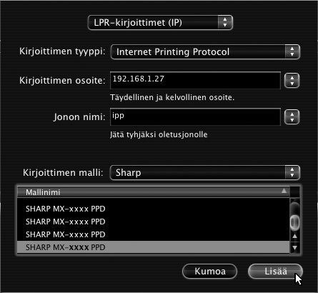 Tulostaminen IPP-toimintoa käyttämällä MAC OS X Laite voi tulostaa IPP-toiminnon avulla.