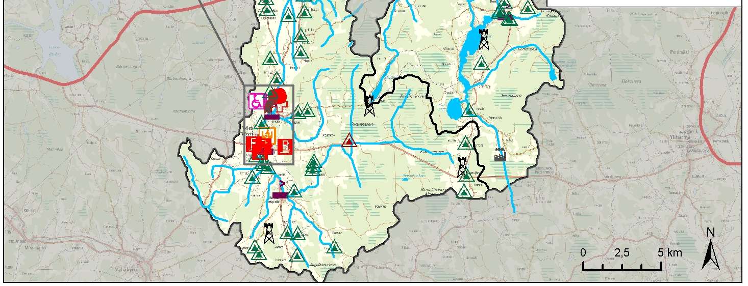 Kuva 9. Kimojoen ja Vöyrinjoen vesistöalueella sijaitsevat mahdolliset tulvariskikohteet.