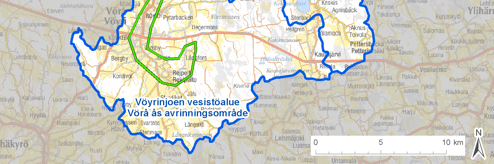 Kuva 10. Kimo- ja Vöyrinjoen vesistöalueilla tunnistetut muut tulvariskialueet.