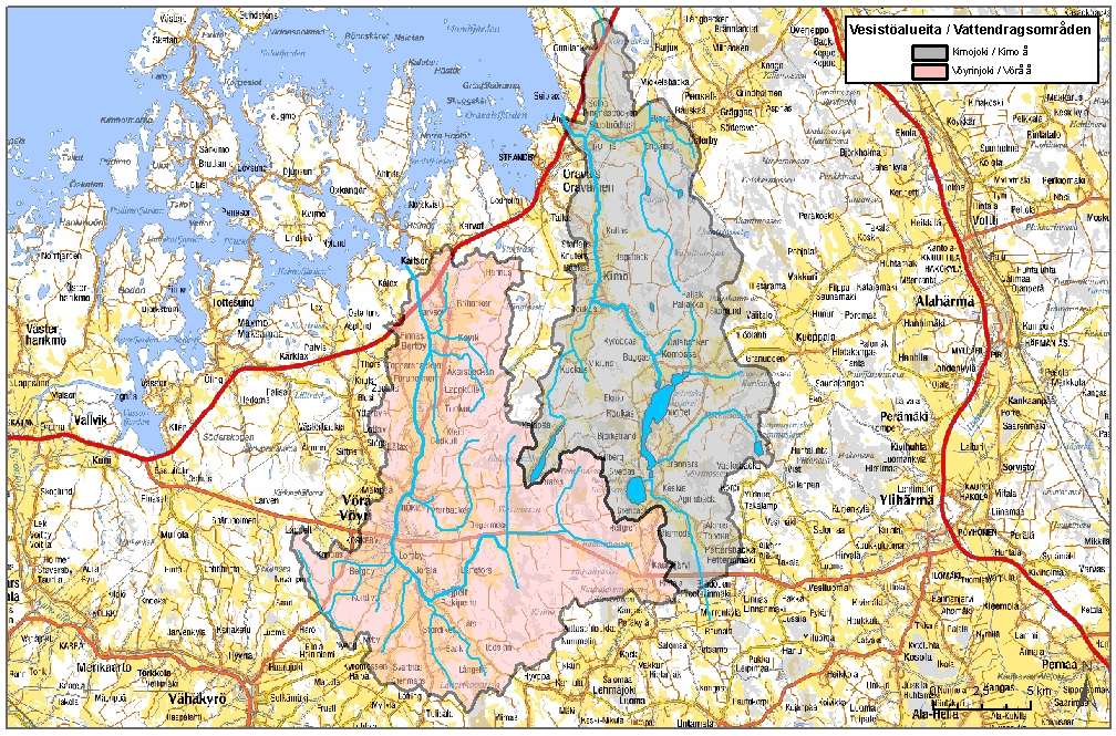 Kuva 2. Kimojoen ja Vöyrinjoen vesistöalueet. ( SYKE; taustakartta Affecto Finland Oy, Karttakeskus, Lupa L4659) Kimojoen vesistöalue jaetaan seitsemään 3. jakovaiheen osavaluma-alueeseen.