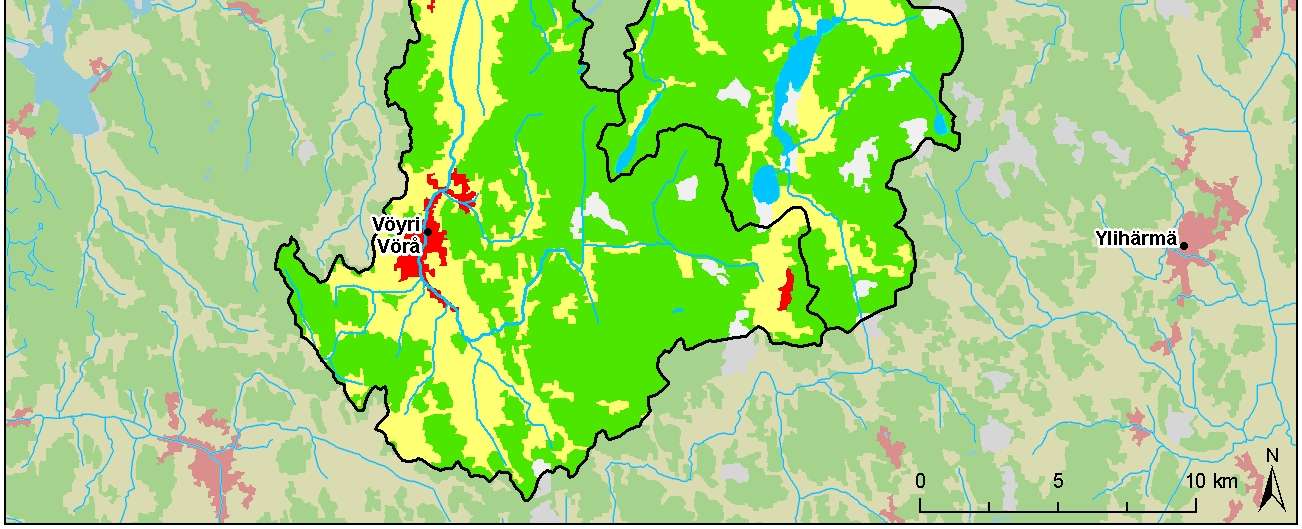 Taulukko 2. Maankäyttö Kimojoen ja Vöyrinjoen vesistöalueella. Maankäyttö Kimojoen vesistöalueella (Corine2000).