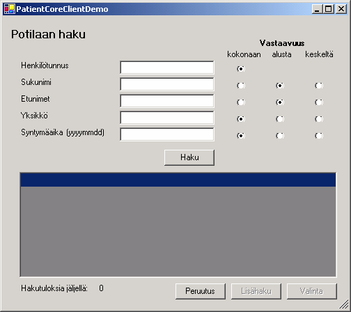 Luokka Haku toteuttaa sovelluksen hakulomakkeen (kuva 5.6), jolla käyttäjä voi hakea potilaskandidaatteja ja valita niistä yhden käsiteltäväksi päälomakkeella.
