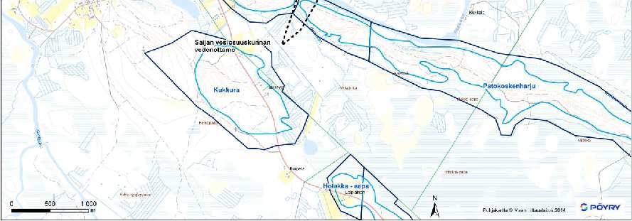 14 Kuva 15. Kaava-alueen rajaus piirrettynä katkoviivalla suhteessa alueen pohjavesialueisiin (SYKE, pohjakartta Maanmittauslaitos 2014).
