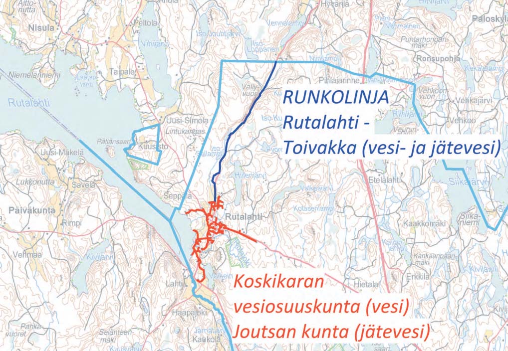 21 Runkolinjaan tulee haaroja Kivisuon vesiosuuskunnan toiminta-alueelta. Haaroja tulee Rutajärven Kirkkoselästä, Sorsanselästä ja Keskinenveden alueilta sekä Joutsjärveltä.