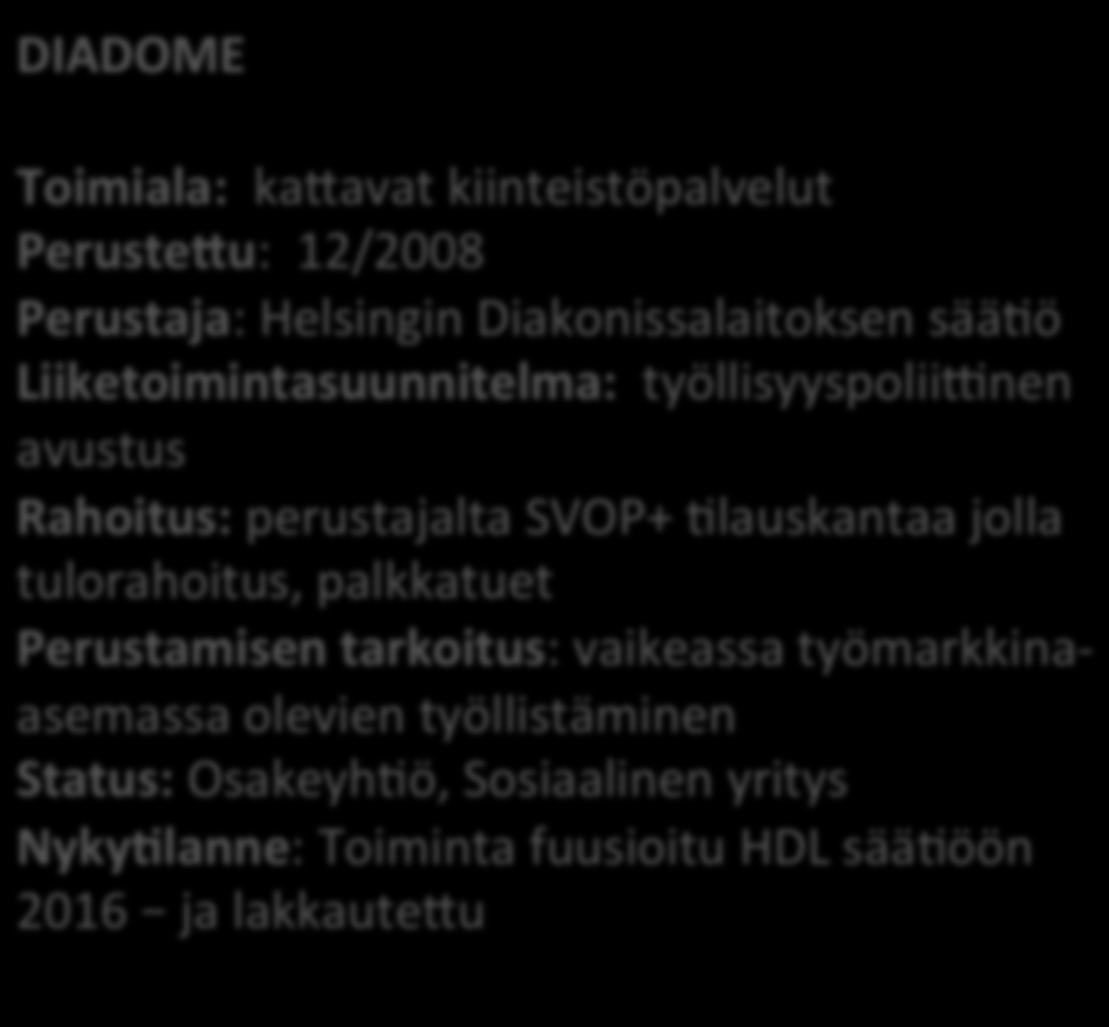 AaReen palolla perusteruja yrityksiä DIADOME Toimiala: karavat kiinteistöpalvelut Peruste>u: 12/2008 Perustaja: Helsingin Diakonissalaitoksen sääbö Liiketoimintasuunnitelma: työllisyyspolii\nen