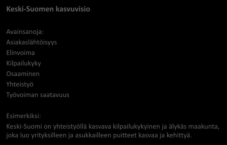 Keski-Suomen kasvuvisio Avainsanoja: Asiakaslähtöisyys Elinvoima Kilpailukyky Osaaminen Yhteistyö Työvoiman saatavuus Esimerkiksi: