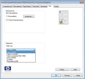 Tulostustyön väriteeman muuttaminen 1. Valitse ohjelman Tiedosto-valikosta Tulosta. 2. Valitse Ominaisuudet tai Määritykset. 3. Valitse Väri-välilehti. 4.