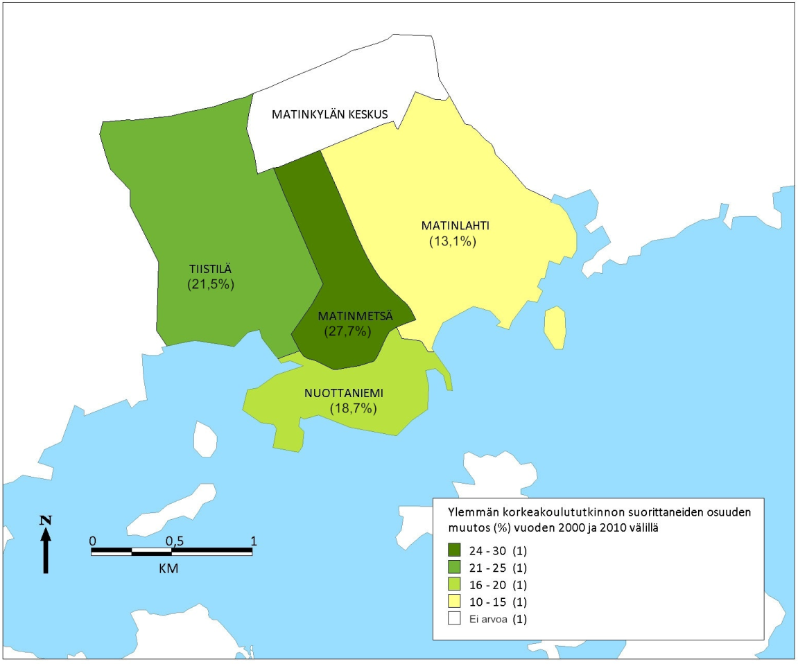 Kuva 22. Ylemmän korkeakoulututkinnon suorittaneiden osuus väestöstä vuonna 2010. (Pääkaupunkiseudun aluesarjat tilastokanta ja Tilastokeskus 2011) Kuva 23.