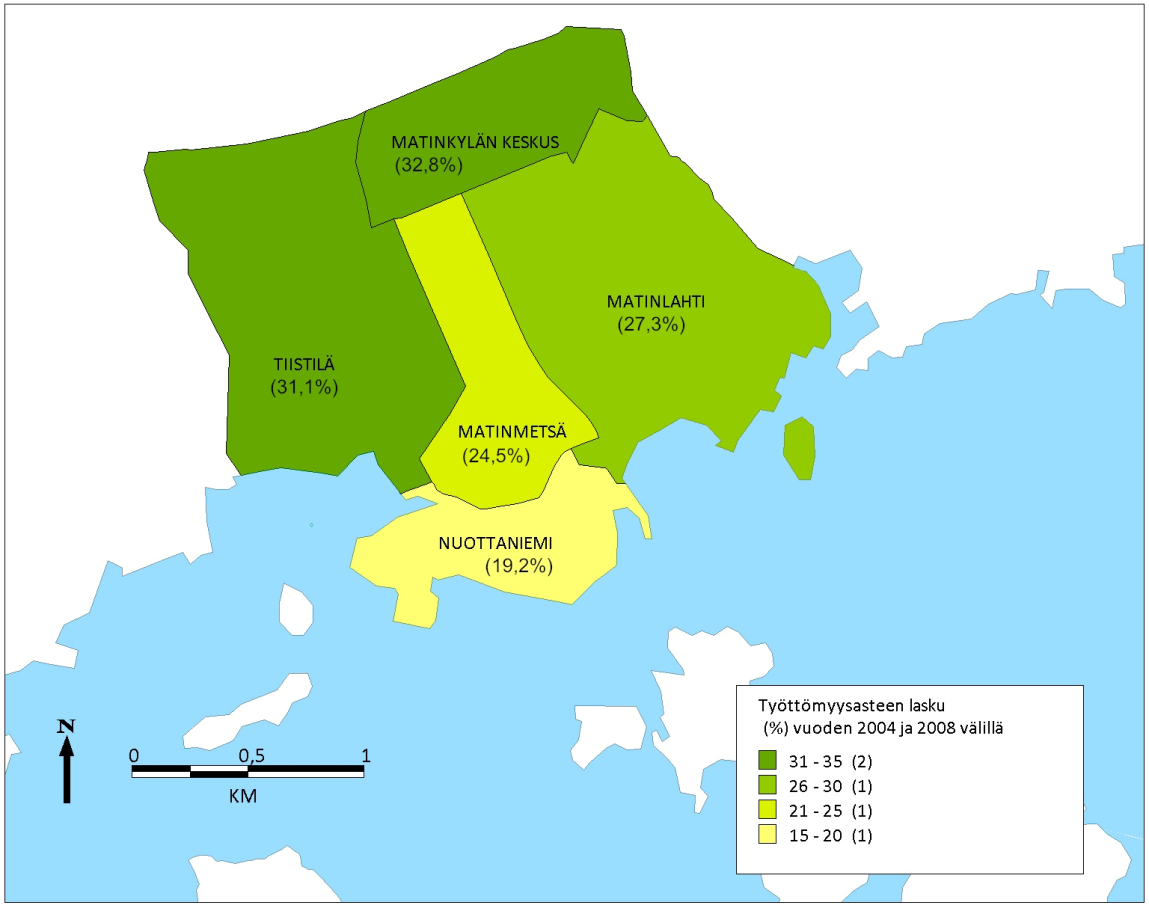 Kuva 26. Työttömyysaste vuonna 2008. (Pääkaupunkiseudun aluesarjat tilastokanta ja Tilastokeskus 2011) Kuva 27.