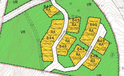 Kortteleissa 844 849 rakennusoikeutta on 160 + t30 m²/tontti. Korttelissa 843 rakennusoikeutta on 250 m²+t30.